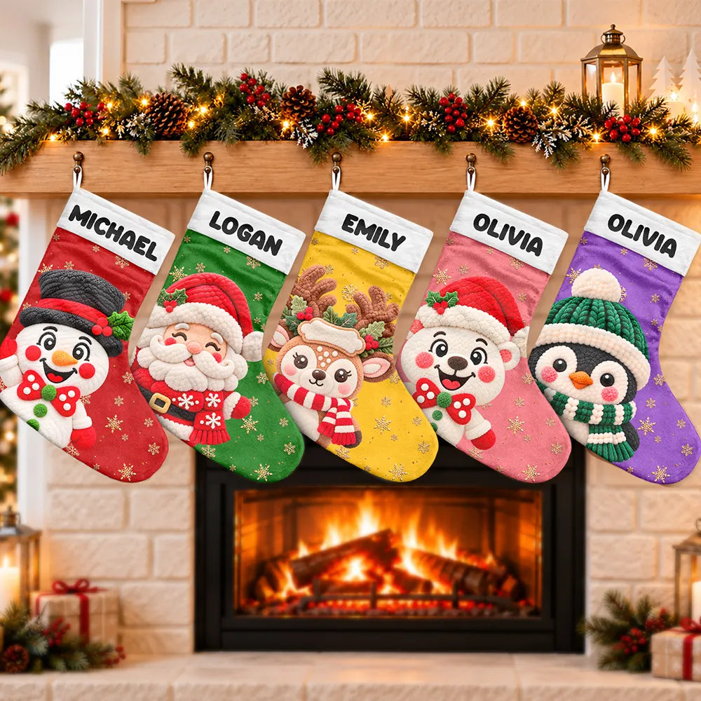 Christmas,Family,Happy,Icon - Christmas Gift For Family - Personalized Faux Chenille Effect Santa Snowman Reindeer Christmas Stocking