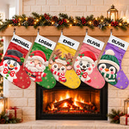 Christmas,Family,Happy,Icon - Christmas Gift For Family - Personalized Faux Chenille Effect Santa Snowman Reindeer Christmas Stocking