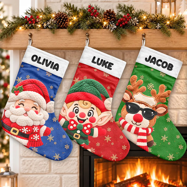 Christmas,Family,Happy,Icon - Christmas Gift For Family - Personalized Faux Chenille Effect Santa Snowman Reindeer Christmas Stocking