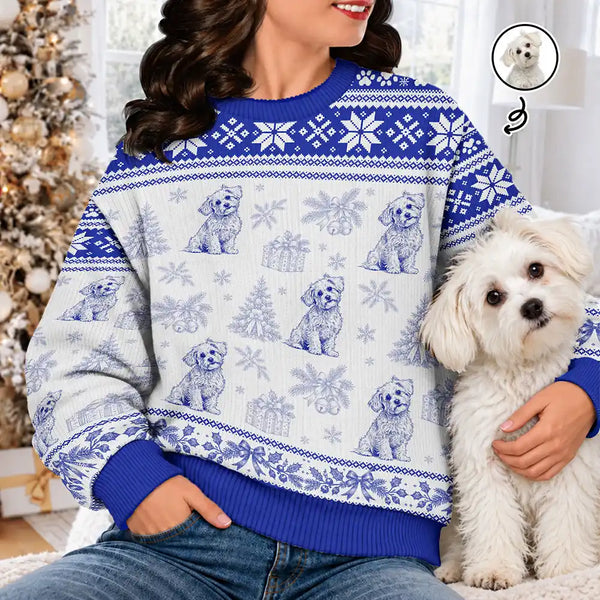Art Design,Christmas,Custom Photo,Pet Lovers,Photo - Pencil Sketch - Remove BG,Playful - Christmas Gift For Pet Lover - Personalized Custom Photo Pencil Sketch Toile De Jouy Pet Pattern Unisex Ugly Sweater