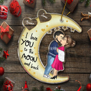 Love You To The Moon & Back Chibi Couple - Christmas Gift For Couples, Lovers, Wife, Husband, Girlfriend, Boyfriend - Personalized Cutout Acrylic Ornament