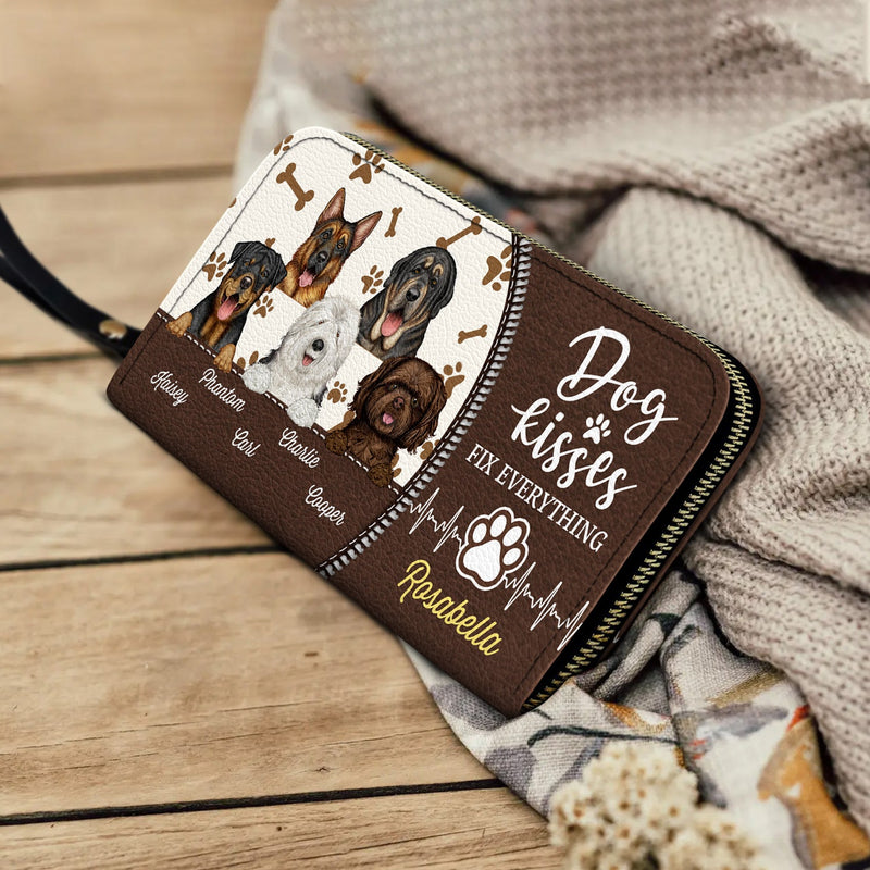Dog Kisses Fix Everything - Gift For Dog Lovers, Dog Moms, Women - Personalized Leather Long Wallet