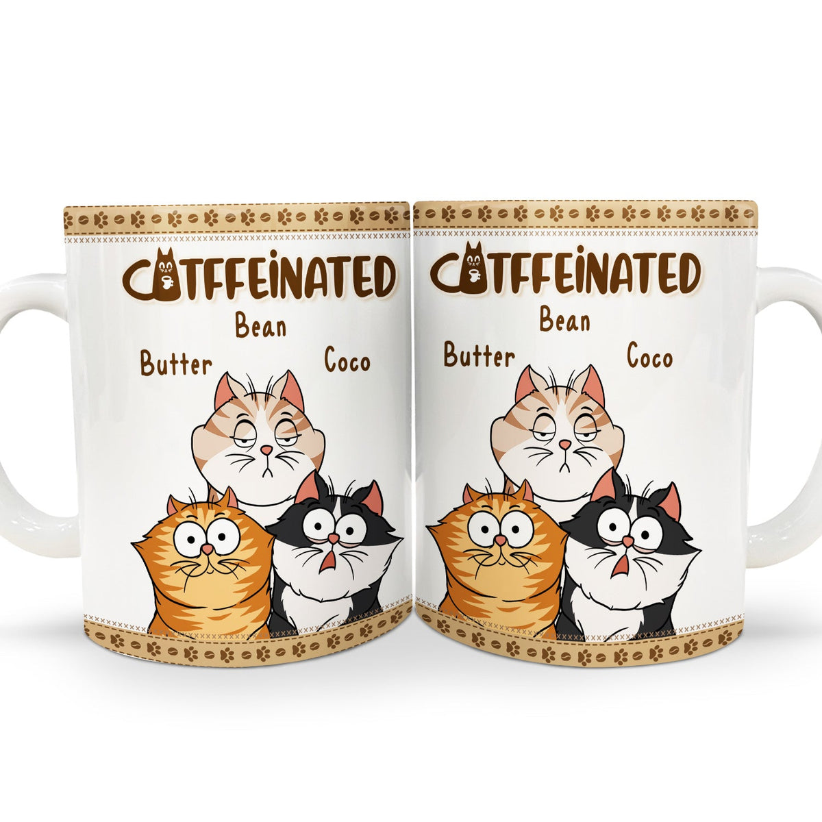 Catffeinated Funny Cartoon Cats - Gift For Cat Lovers, Cat Mom, Cat Dad - Personalized White Edge-to-Edge Mug