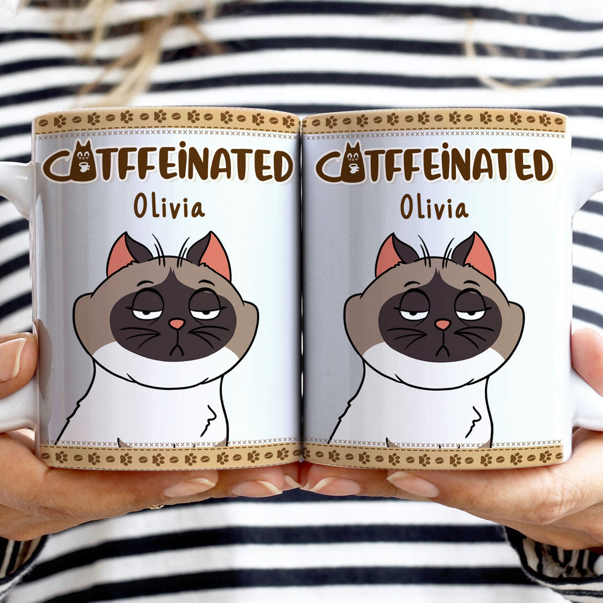 Catffeinated Funny Cartoon Cats - Gift For Cat Lovers, Cat Mom, Cat Dad - Personalized White Edge-to-Edge Mug