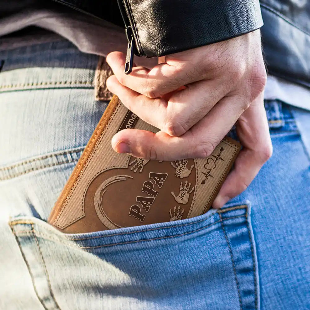 Grandpa Dad Kids Handprints - Personalized Leather Wallet