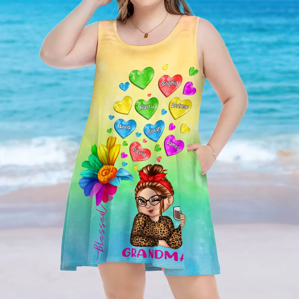 Colorful Flower Heart Grandma - Personalized Sleeveless Tank Dress