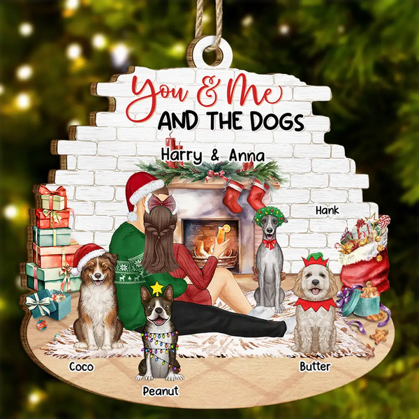 You And Me And The Dogs Hug Couples Christmas - Personalized Custom Shaped Wooden Ornament