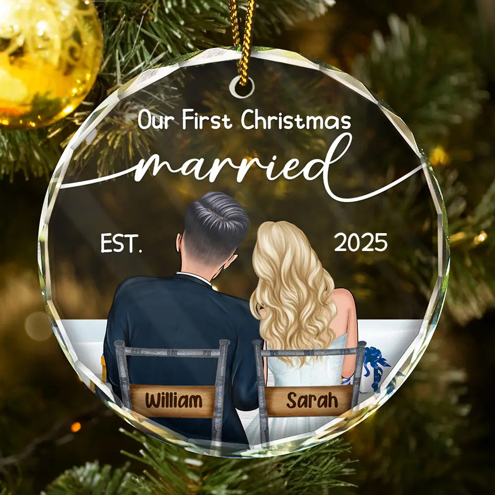 Gift For Couples - Our First Christmas Married Couples - Personalized Circle Glass Ornament