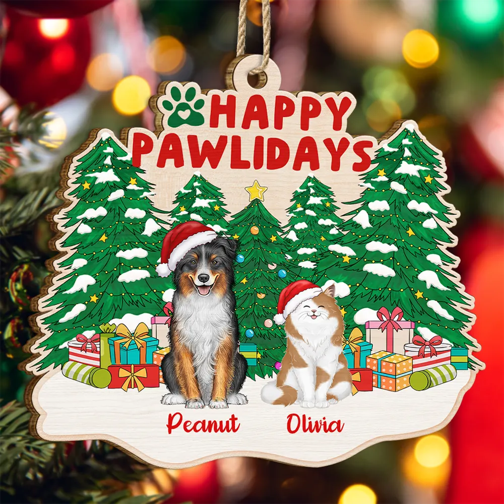 Pet Lovers, Dog Lovers, Cat Lovers - Happy Pawlidays Christmas Dogs Cats Sitting - Personalized Custom Shaped Wooden Ornament