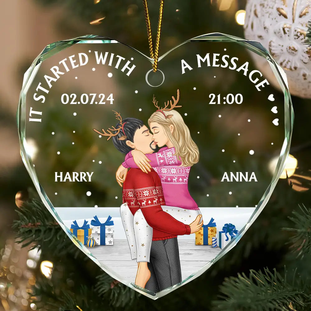 Gift For Couples, Gift For Husband, Gift For Wife, Gift For Boyfriend, Gift For Girlfriend - Started With A Message Couples Christmas - Personalized Heart Shaped Glass Ornament