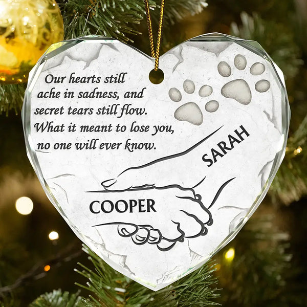 Memorial, Dog Lovers - Dog Memorial Our Hearts Still Ache In Sadness - Personalized Heart Shaped Glass Ornament
