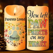Christmas,Memorial,Pet Lovers,Dog Lovers,Cat Lovers,Sad - You Left Paw Prints On My Heart Memorial Dog Cat Pet - Personalized Flameless LED Candle