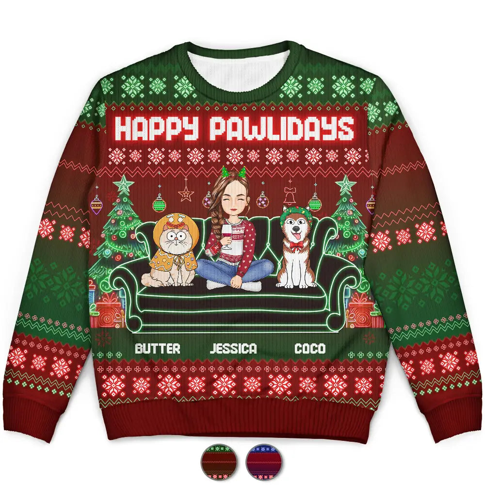 Christmas,Pet Lovers,Dog Lovers,Cat Lovers,Gift For Yourself,Happy - Happy Pawlidays Cartoon Dogs Cats Neon Christmas Light Style - Personalized Unisex Ugly Sweater