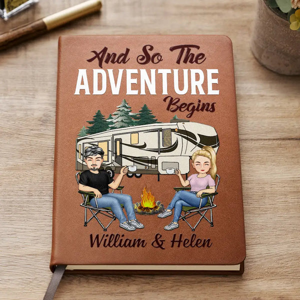 Gift For Husband,Gift For Couples,Gift For Wife,Gift For Boyfriend,Gift For Girlfriend,Camping,Campsite,Happy - The Adventure Book Cartoon Couple Camping - Personalized Leather Journal