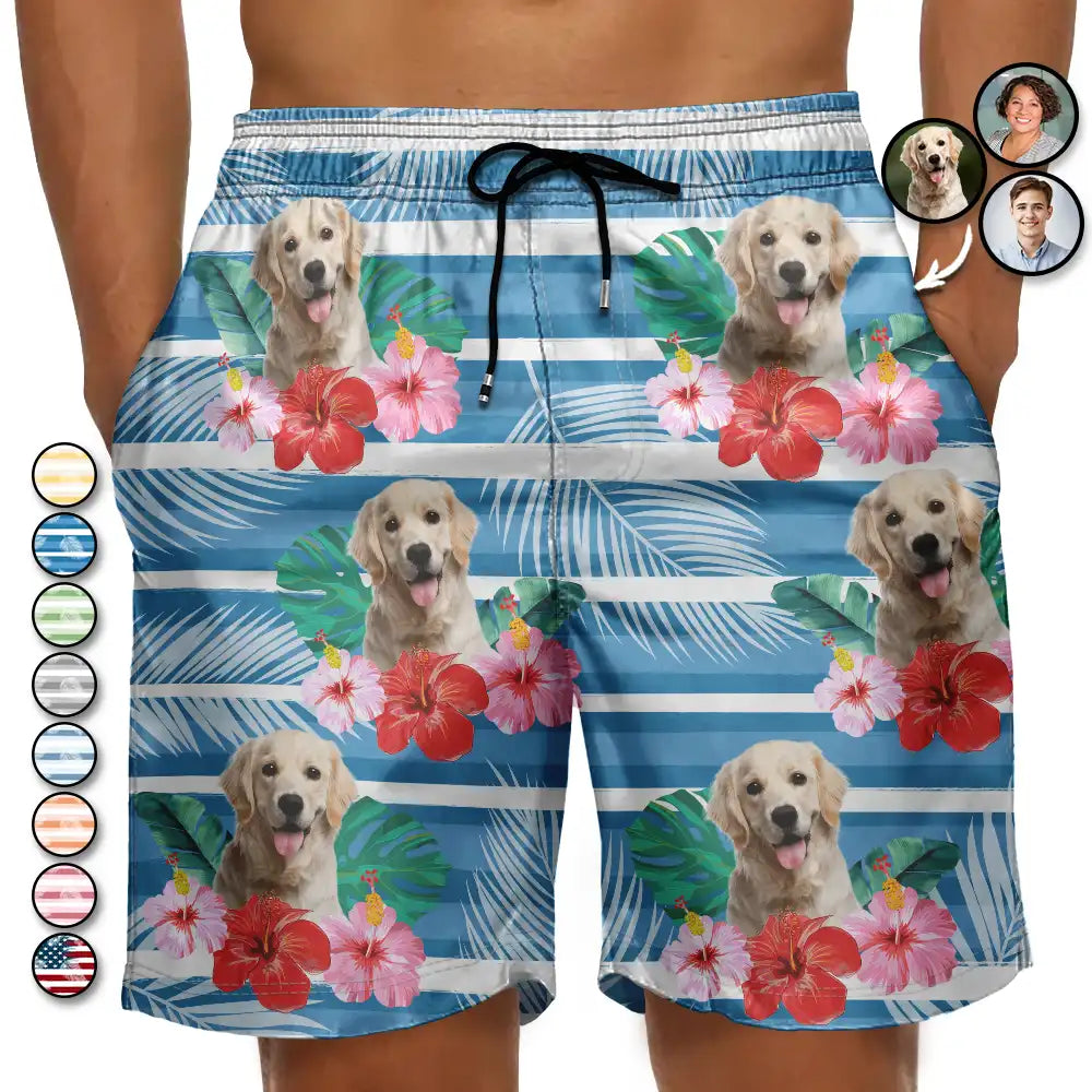 Custom Photo Human And Pet Face Tropical Striped - Personalized Unisex Beach Shorts