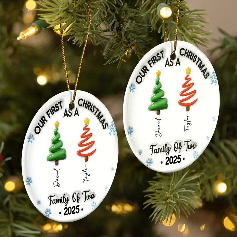 Family,Gift For Women,Gift For Men,Christmas,Happy - Our First Christmas Family Trees Names 3D Inflated Effect - Personalized Circle Ceramic Ornament