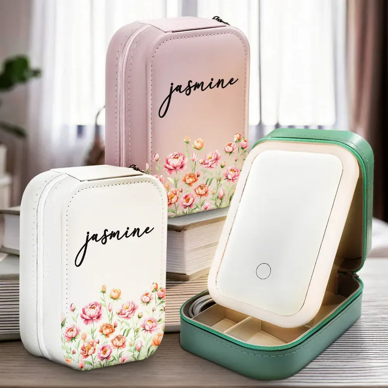 Gift For Yourself,Gift For Women,Happy,Gift For Men - Birth Month Flower Watercolor Blooming In Love - Personalized Makeup Box With LED Mirror
