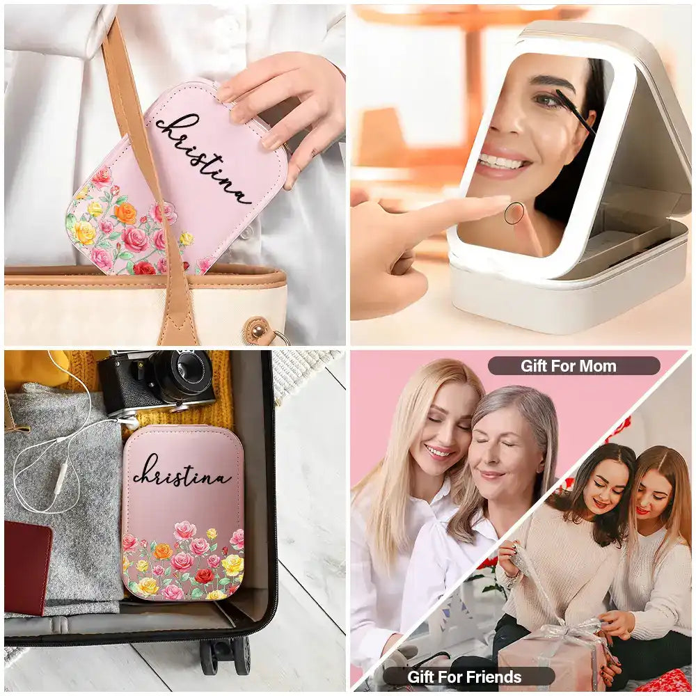 Gift For Yourself,Gift For Women,Happy,Gift For Men - Birth Month Flower Watercolor Blooming In Love - Personalized Makeup Box With LED Mirror