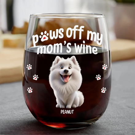 3D Effect Funny Dog Cat Paws Off My Mom's Wine - Personalized Stemless Wine Glass
