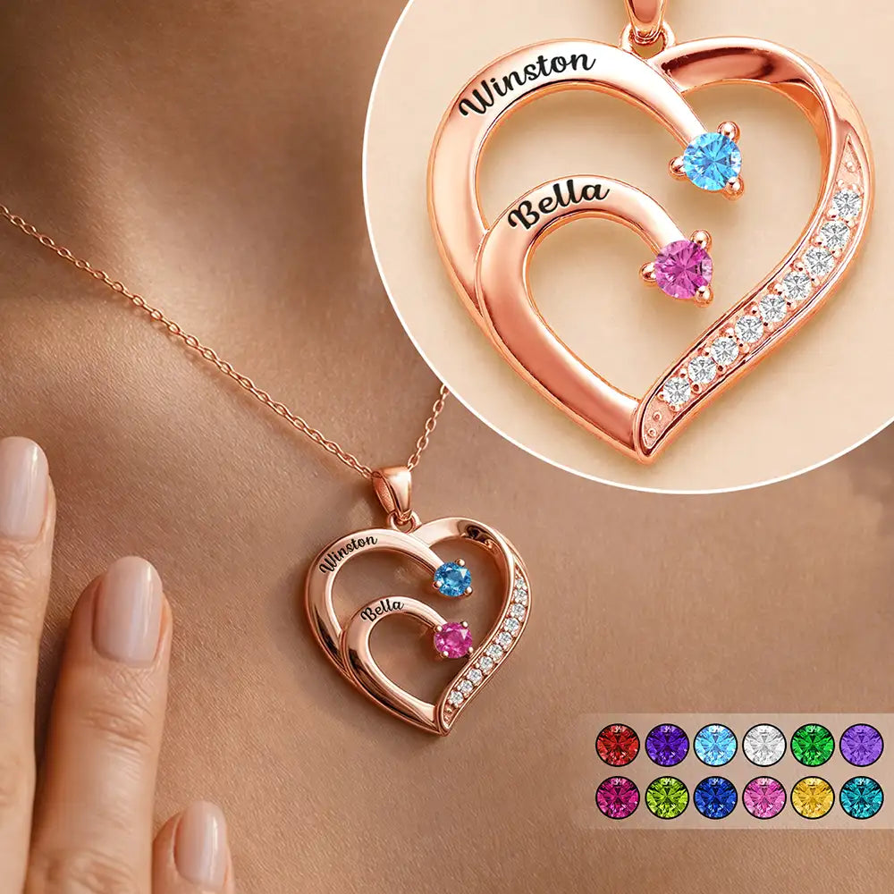 Custom Birth Month Anniversary Mom Wife - Personalized Birthstone Heart Necklace