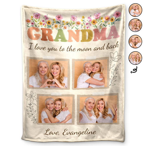 Custom Photo Grandma I Love You To The Moon And Back - Gift For Grandma - Personalized Fleece Blanket