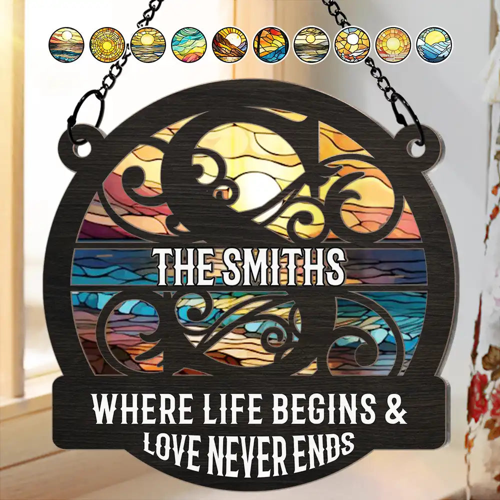 Monogram Love Never Ends - Personalized Window Hanging Suncatcher Ornament