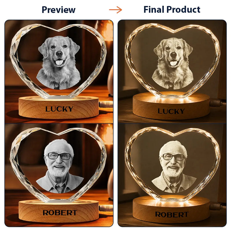 Pet Lovers,Cat Lovers,Dog Lovers,Sad,Memorial,Family - Custom Photo Forever Loved Memorial Dog Cat - Personalized Crystal Heart Shaped Lamp