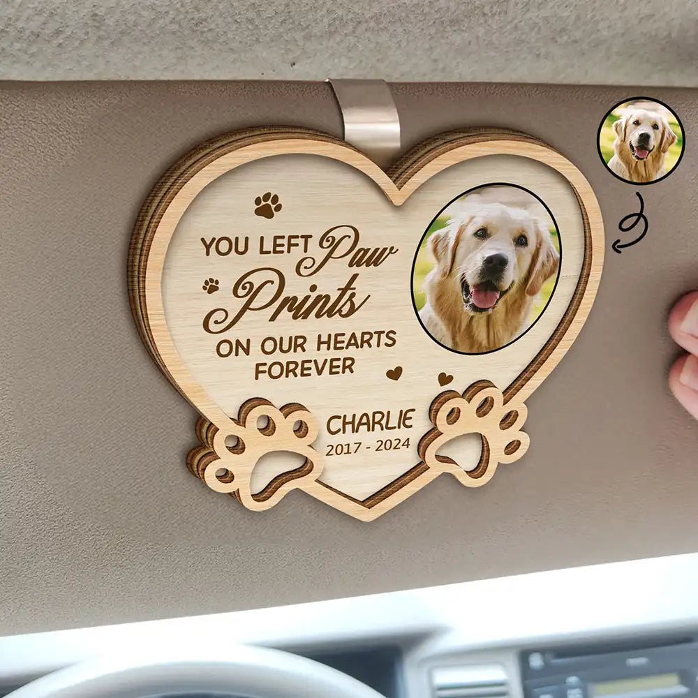 Custom Photo You Left Paw Prints On My Heart Forever - Personalized Custom Shaped Car Visor Clip