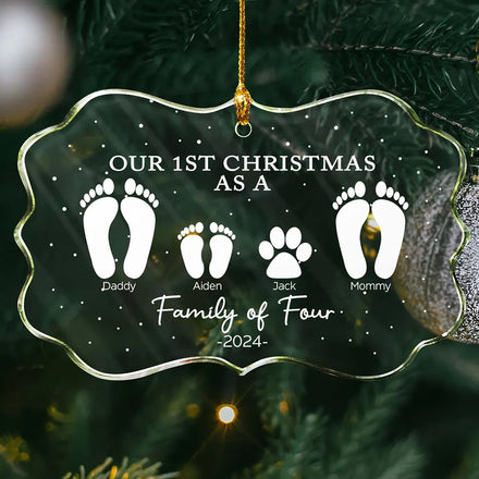 First Christmas As A Family Of Four Footprints - Personalized Medallion Glass Ornament