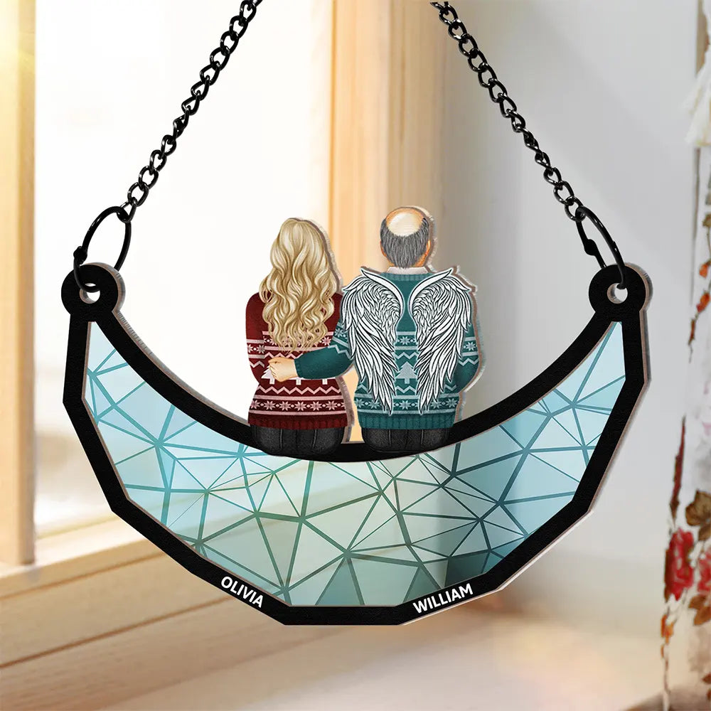 Memorial Family Sitting On The Moon - Personalized Window Hanging Suncatcher Ornament