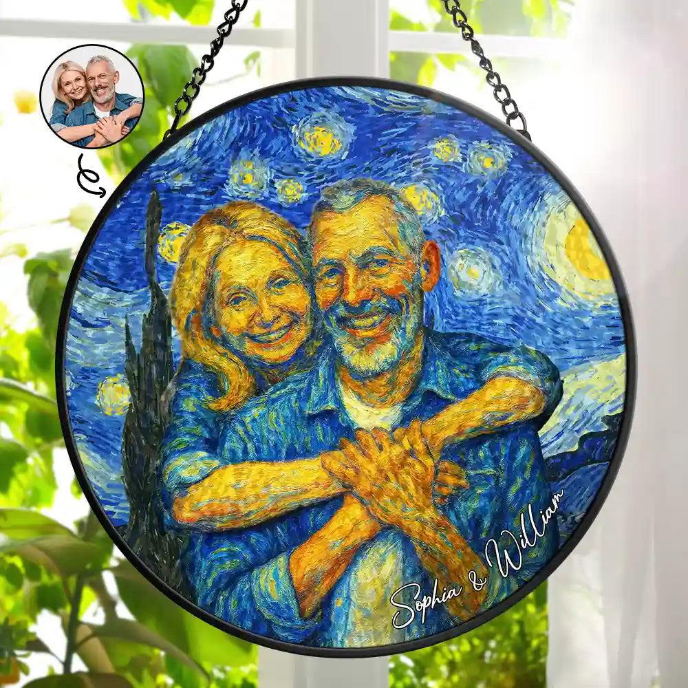 Gift For Couples,Gift For Husband,Gift For Wife,Gift For Boyfriend,Gift For Girlfriend,Custom Photo,Love - Custom Photo Couple Under The Starry Night - Personalized Stained Glass Window Hanging Suncatcher