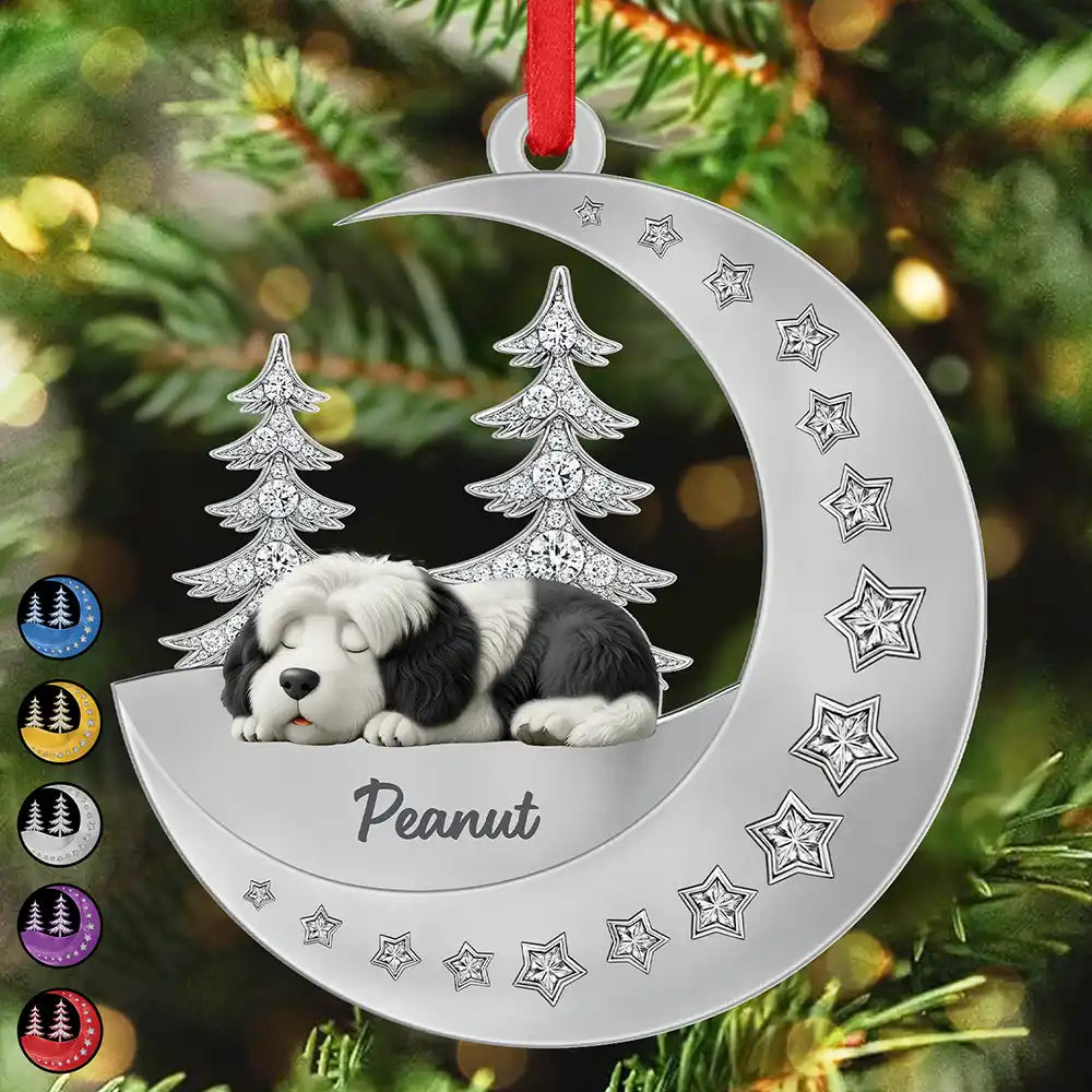 Dog Lovers,Dog Mom,Dog Dad,Pet Lovers,Pet Mom,Pet Dad,Happy,Christmas - 3D Effect Dog Lying On The Moon Printed Gemstones Art - Personalized Metal Ornament