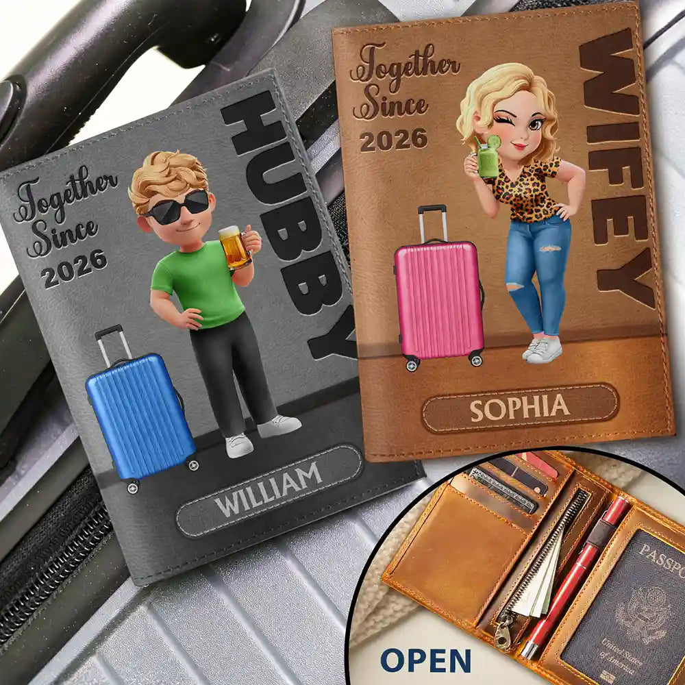 Hubby Wifey Together Turban Couple - Personalized Combo 2 Leather Passport Holders
