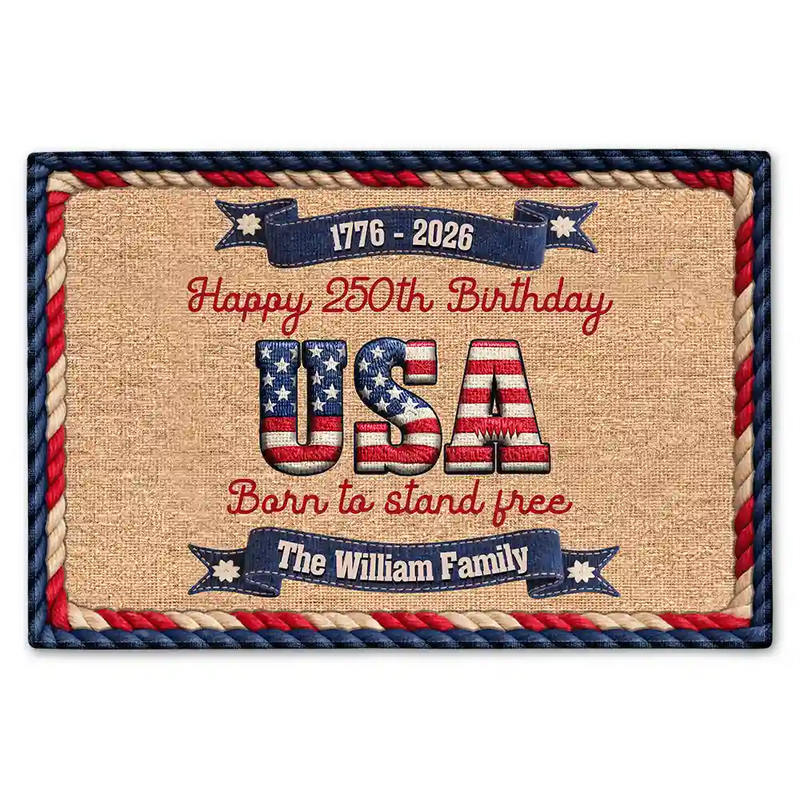 Family,Parents,Gift For Grandparents,Happy - Stars And Stripes Happy USA 250Th Birthday Embroidery Effect - Personalized Doormat