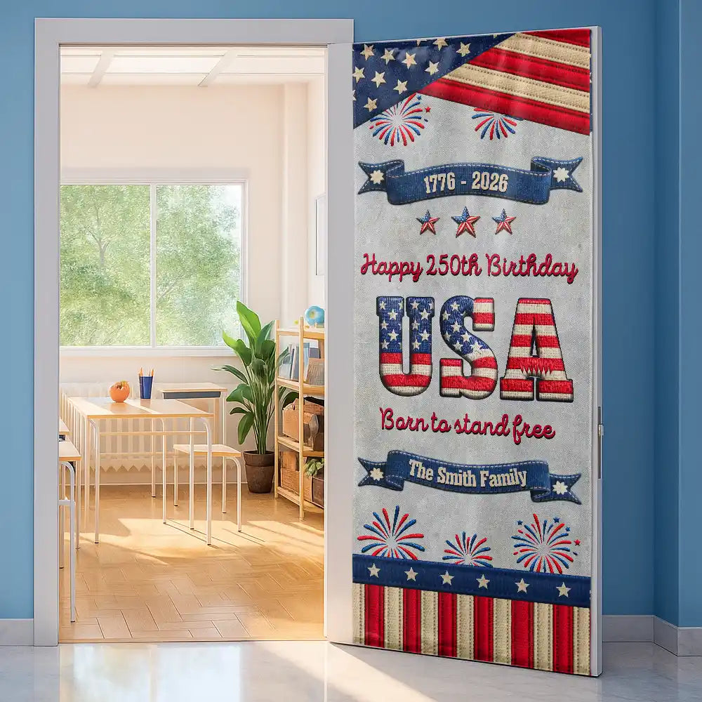 Family,Parents,Gift For Grandparents,Happy,Independence Day - Stars And Stripes Happy USA 250Th Birthday Embroidery Effect - Personalized Door Cover