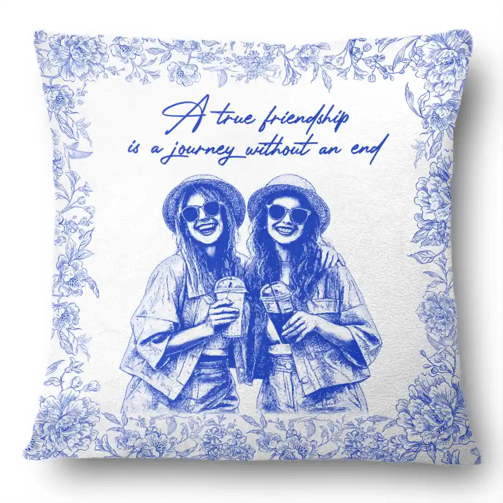 Custom Photo Pencil Sketch A True Friendship Is A Journey Without An End - Personalized Pillow