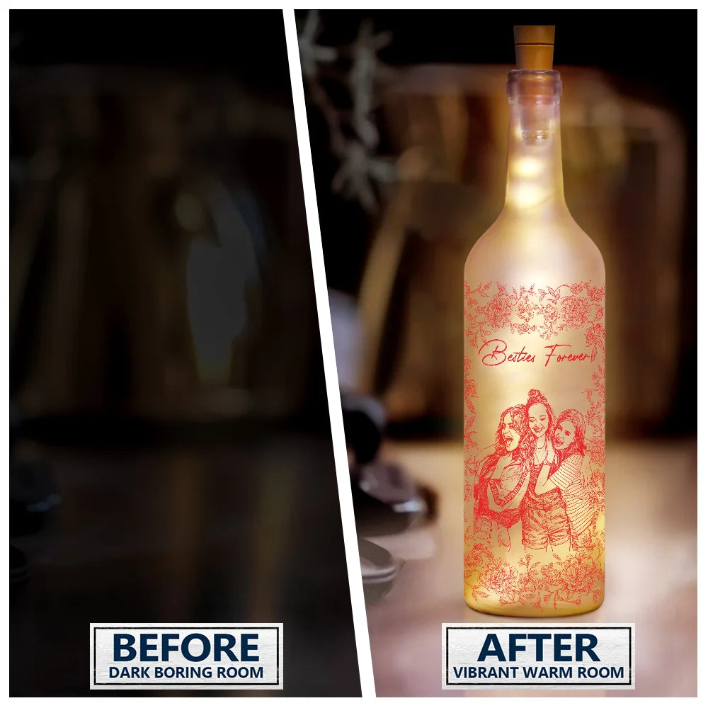 Gift For Bestie,Old Best friends,Gift For Sisters,Custom Photo,Happy - Custom Photo Pencil Sketch A True Friendship Is A Journey Without An End - Personalized Bottle Light