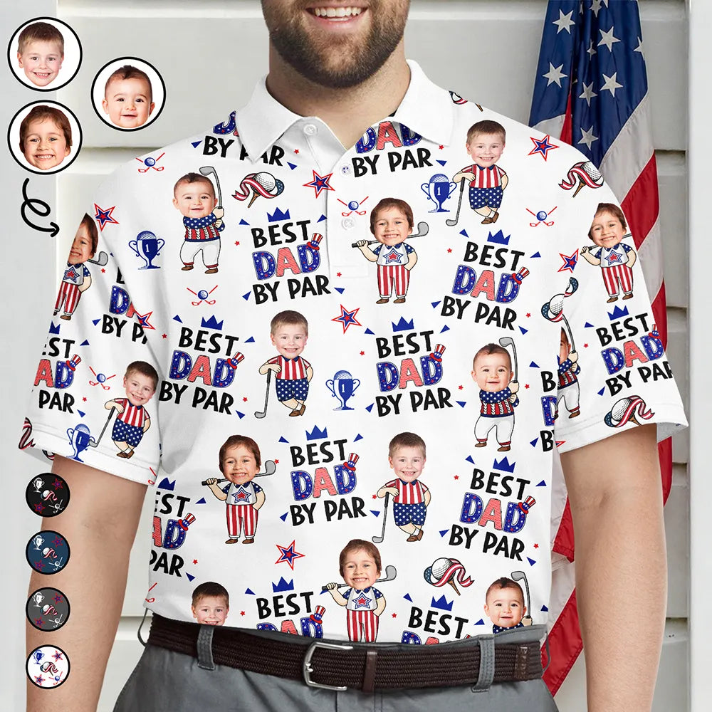 Golf,Gift For Father,Gift For Grandpa,Gift For Mother,Gift For Grandma,Happy,Independence Day,Photo,Icon,Humorous - Custom Photo Stars & Stripes Best Dad Grandpa By Par - Personalized Polo Shirt