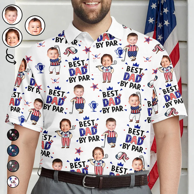 Golf,Gift For Father,Gift For Grandpa,Gift For Mother,Gift For Grandma,Happy,Independence Day,Photo,Icon,Humorous - Custom Photo Stars & Stripes Best Dad Grandpa By Par - Personalized Polo Shirt