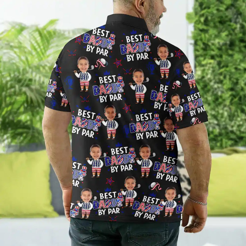 Golf,Gift For Father,Gift For Grandpa,Gift For Mother,Gift For Grandma,Happy,Independence Day,Photo,Icon,Humorous - Custom Photo Stars & Stripes Best Dad Grandpa By Par - Personalized Polo Shirt