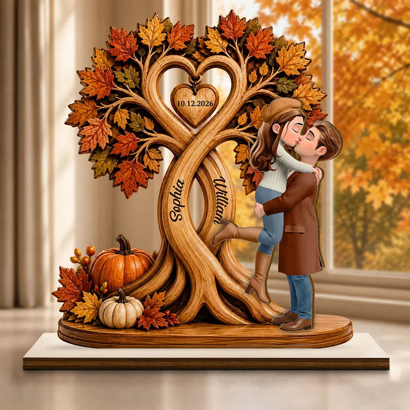 Romantic, Gift For Couples, Vector - Autumn Flannel Standing Couple Under Heart Tree - Personalized Custom Shaped Wooden Plaque