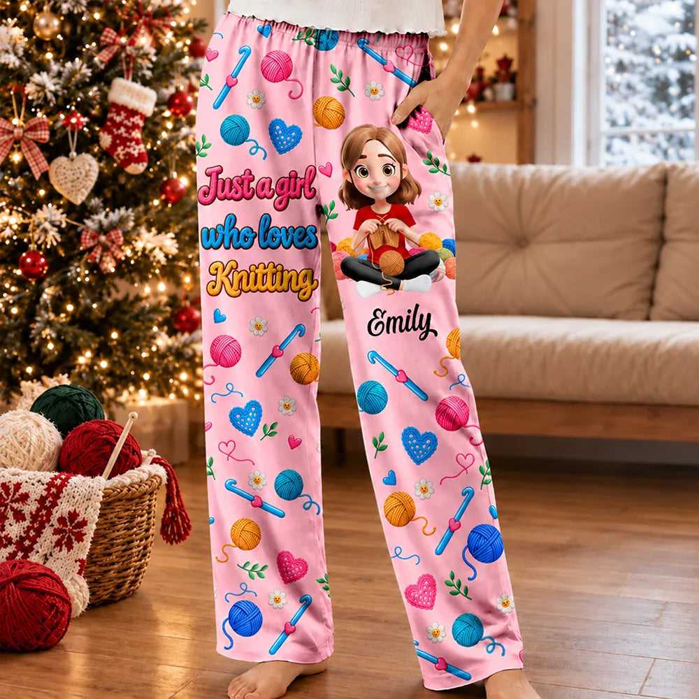 Christmas,Gift For Women,Gift For Yourself,Gifts For Her,Happy,Knitting,Vector - Gift For Crocheter Knitter Mom Grandma - Personalized Just A Girl Who Loves Yarn Pajama Pants