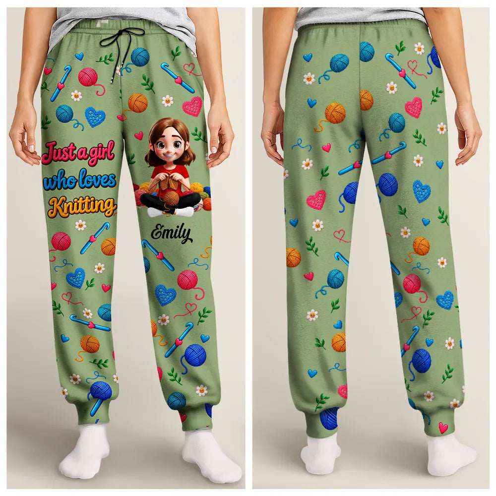 Christmas,Gift For Women,Gift For Yourself,Gifts For Her,Happy,Knitting,Vector - Gift For Crocheter Knitter Mom Grandma - Personalized Just A Girl Who Loves Yarn Pajama Pants