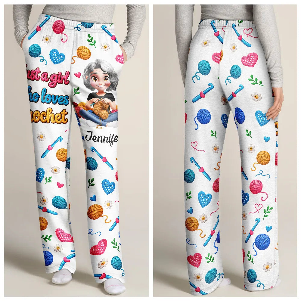 Christmas,Gift For Women,Gift For Yourself,Gifts For Her,Happy,Knitting,Vector - Gift For Crocheter Knitter Mom Grandma - Personalized Just A Girl Who Loves Yarn Pajama Pants