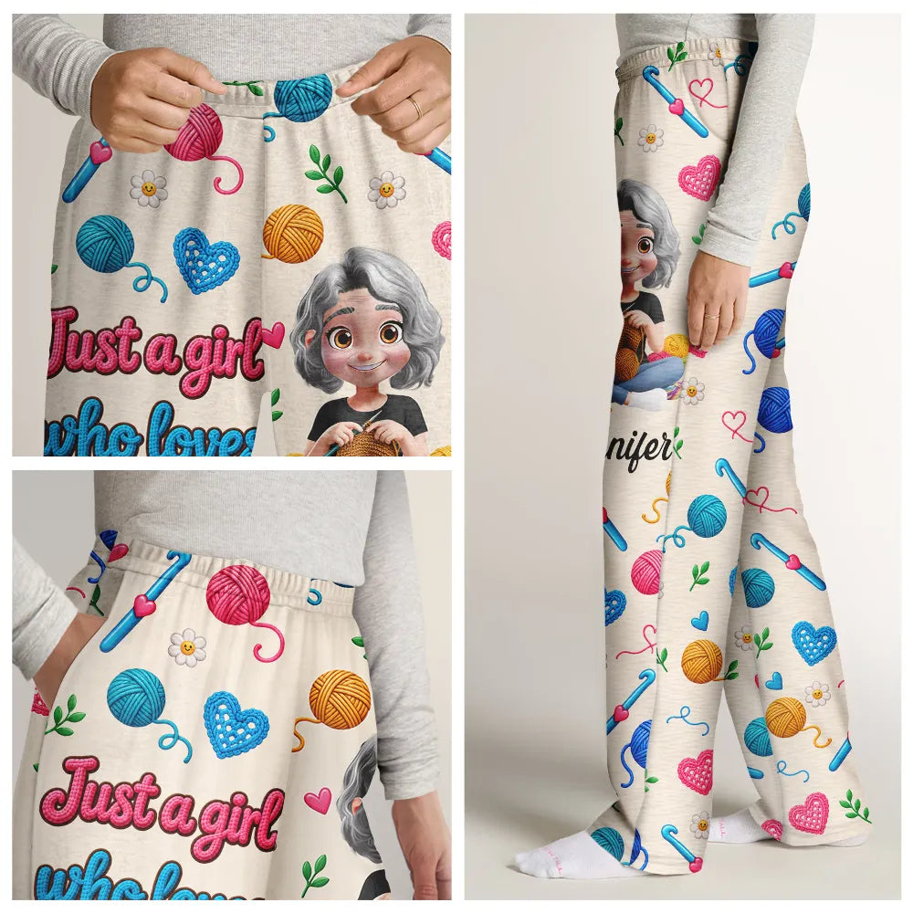 Christmas,Gift For Women,Gift For Yourself,Gifts For Her,Happy,Knitting,Vector - Gift For Crocheter Knitter Mom Grandma - Personalized Just A Girl Who Loves Yarn Pajama Pants