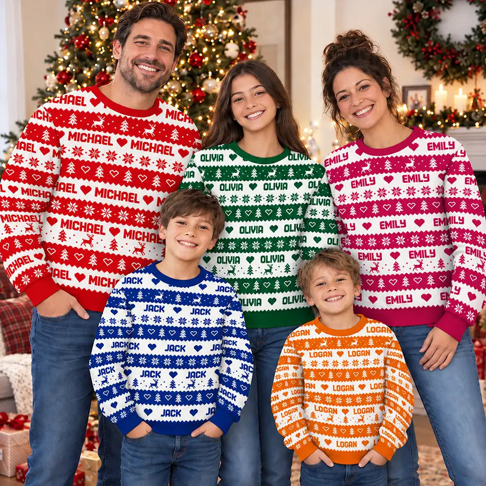 Christmas, Custom Text, Family, Happy - Christmas Gift For Family - Personalized Name Fair Isle Pattern Unisex Ugly Sweater