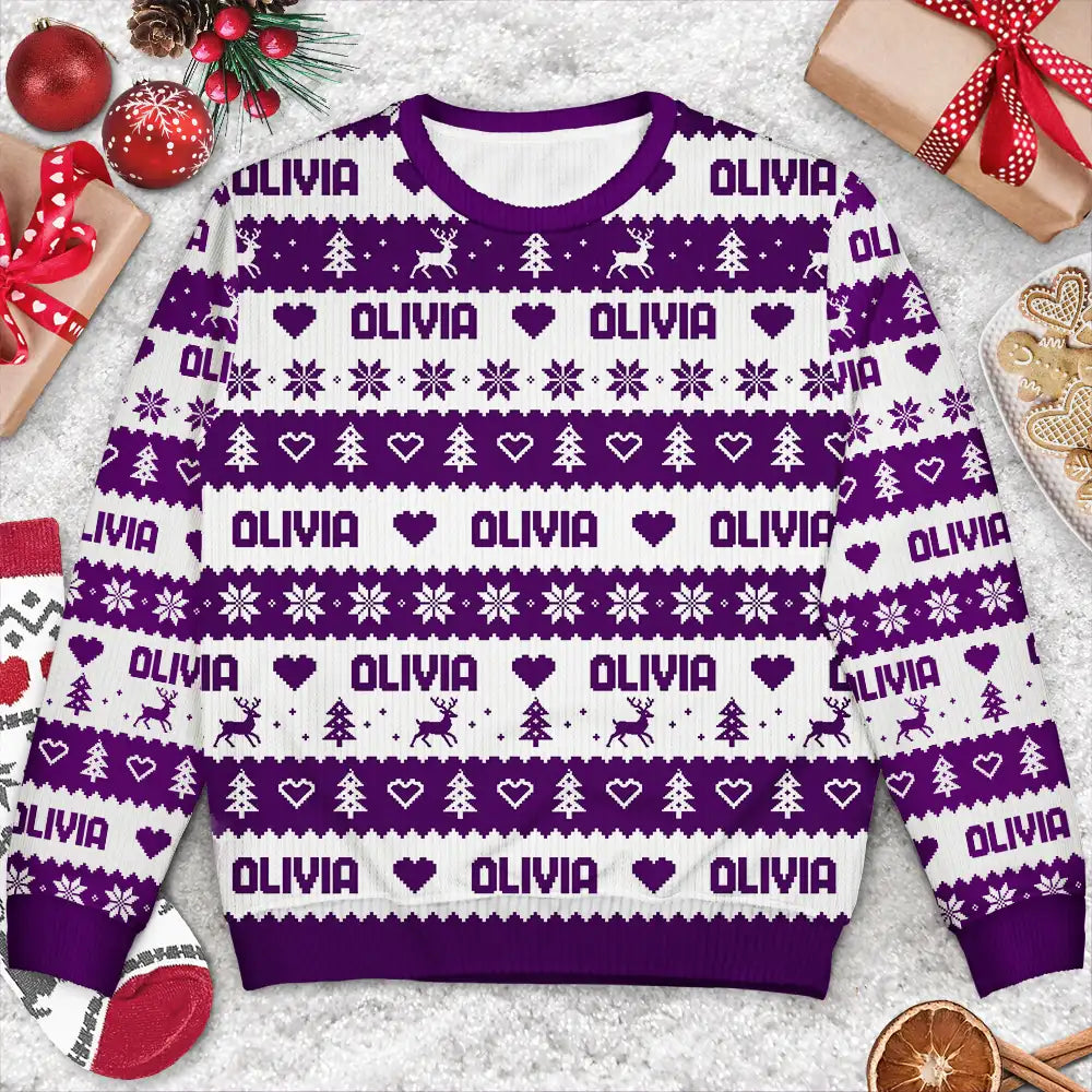Christmas, Custom Text, Family, Happy - Christmas Gift For Family - Personalized Name Fair Isle Pattern Unisex Ugly Sweater