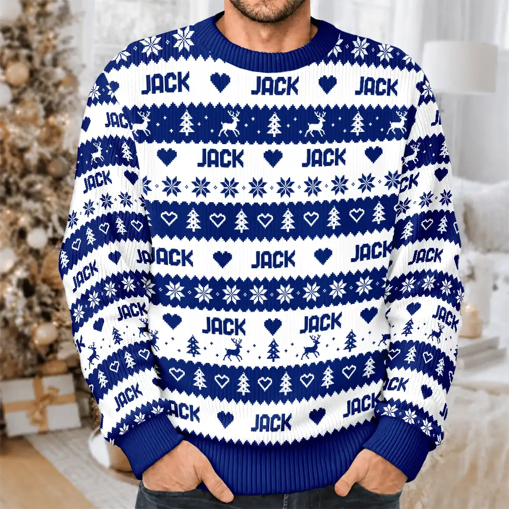 Christmas, Custom Text, Family, Happy - Christmas Gift For Family - Personalized Name Fair Isle Pattern Unisex Ugly Sweater