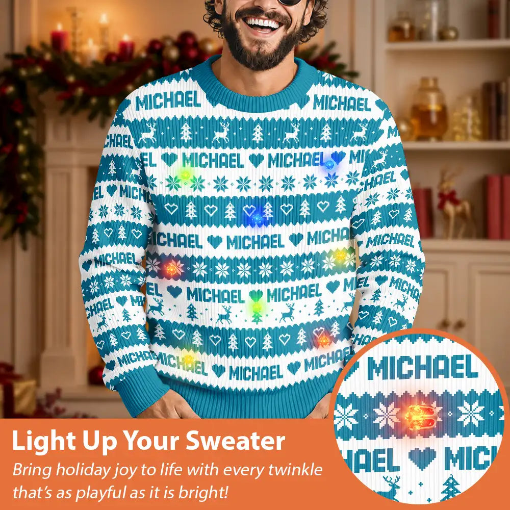 Christmas, Custom Text, Family, Happy - Christmas Gift For Family - Personalized Name Fair Isle Pattern Unisex Ugly Sweater