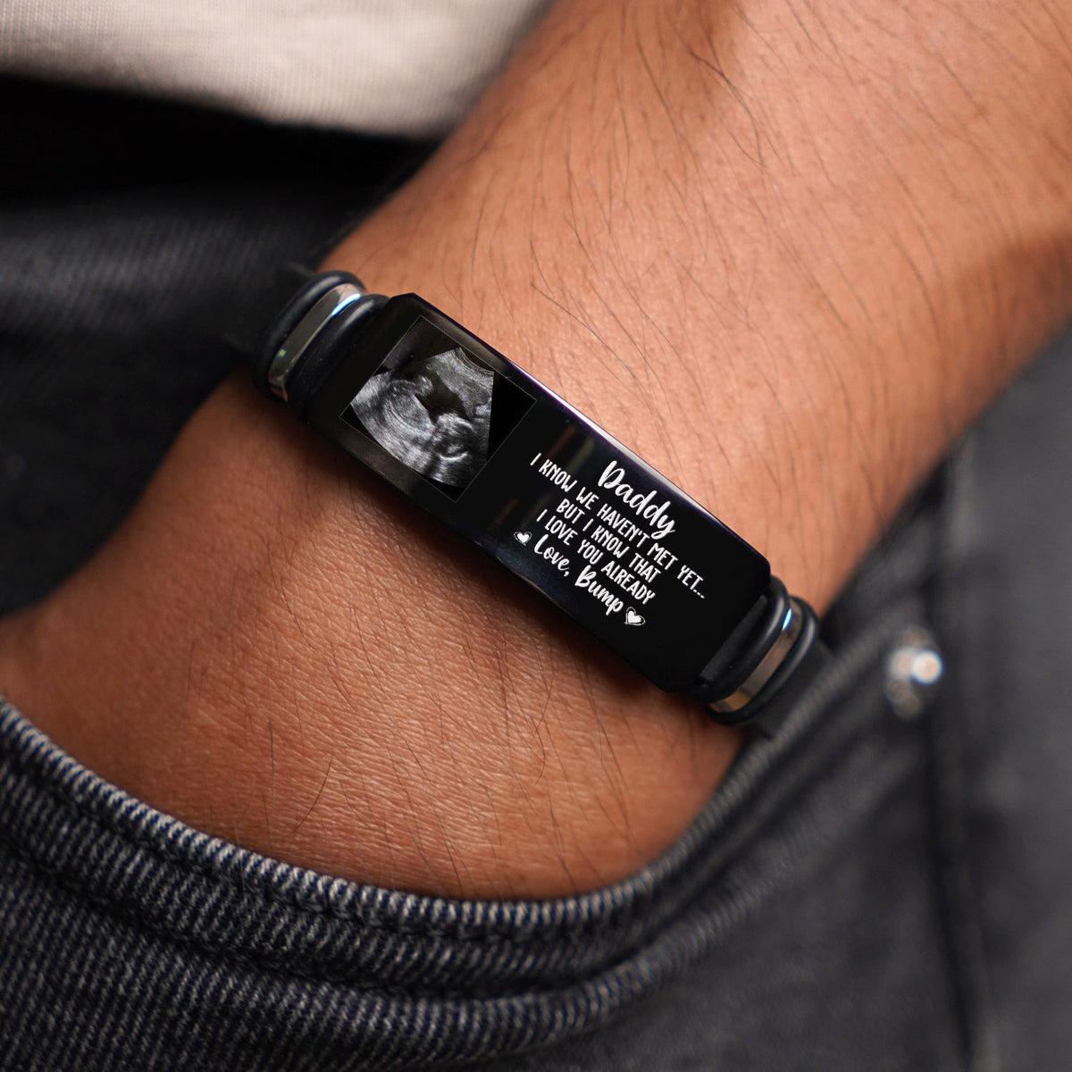 Custom Photo Daddy I Know We Haven't Met Yet - Gift For Dad, Father, New Parents - Personalized Wristband Bracelet